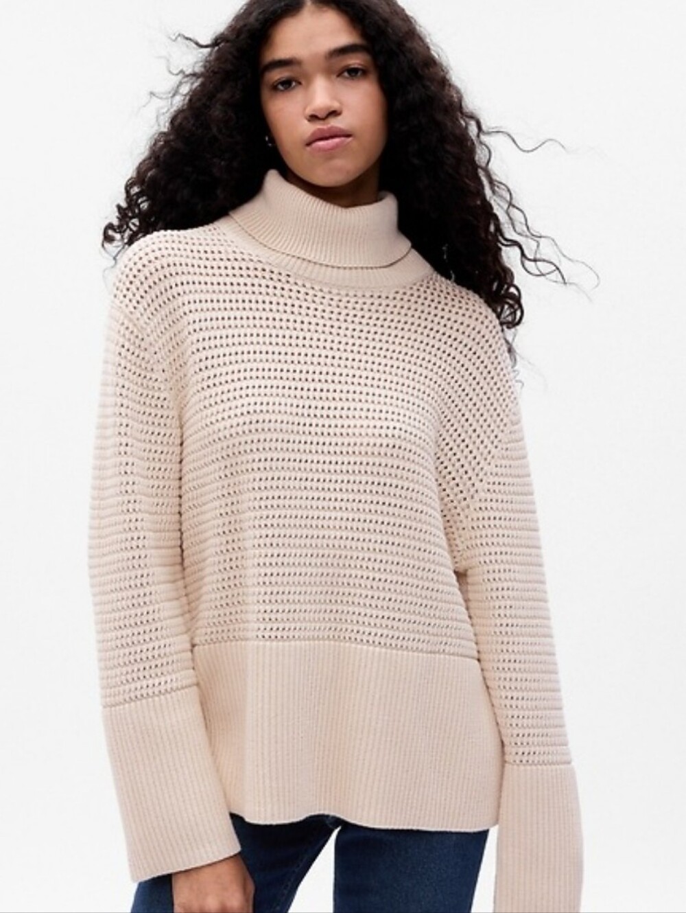 GAP 24/7 Split-Hem Crochet 100% Cotton Cream Sweater, Medium Tall
